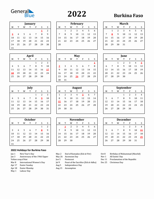 2022 Burkina Faso Holiday Calendar - Monday Start