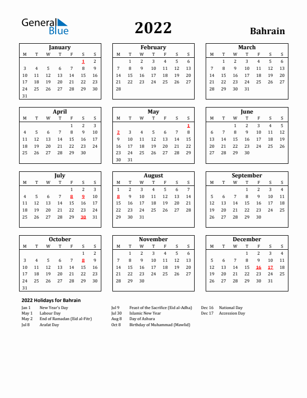 2022 Bahrain Holiday Calendar - Monday Start