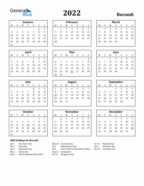 2022 Burundi Holiday Calendar - Monday Start