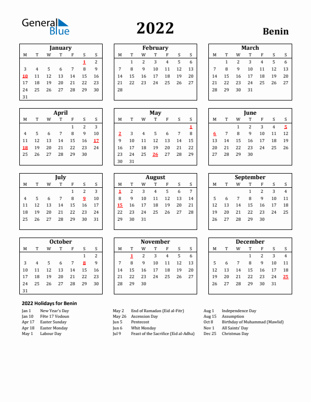 2022 Benin Holiday Calendar - Monday Start