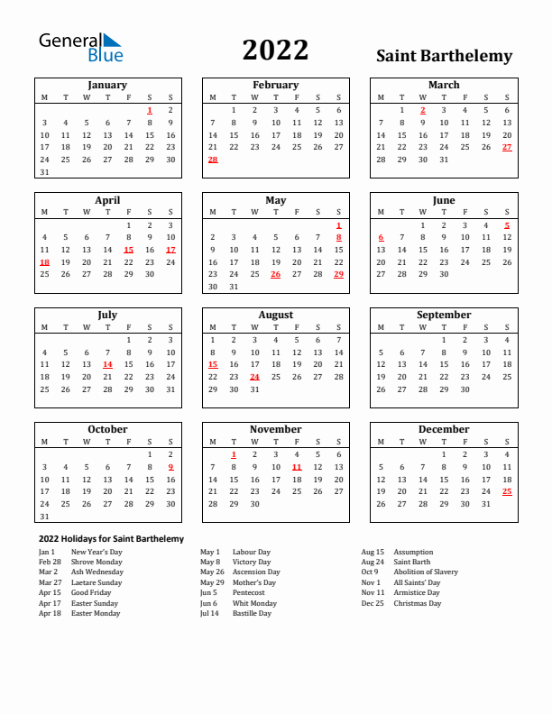 2022 Saint Barthelemy Holiday Calendar - Monday Start