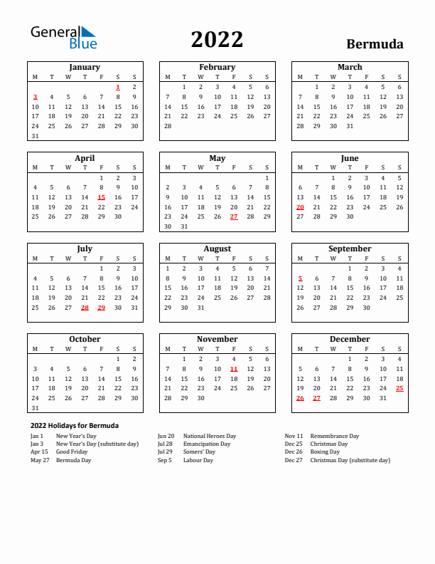 2022 Bermuda Holiday Calendar - Monday Start