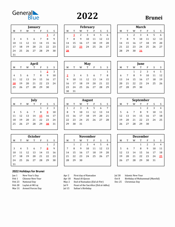 2022 Brunei Holiday Calendar - Monday Start