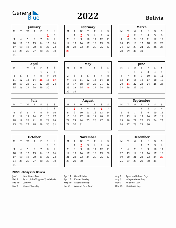 2022 Bolivia Holiday Calendar - Monday Start
