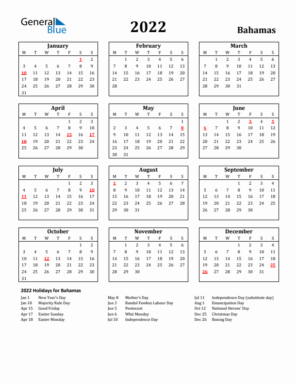 2022 Bahamas Holiday Calendar - Monday Start