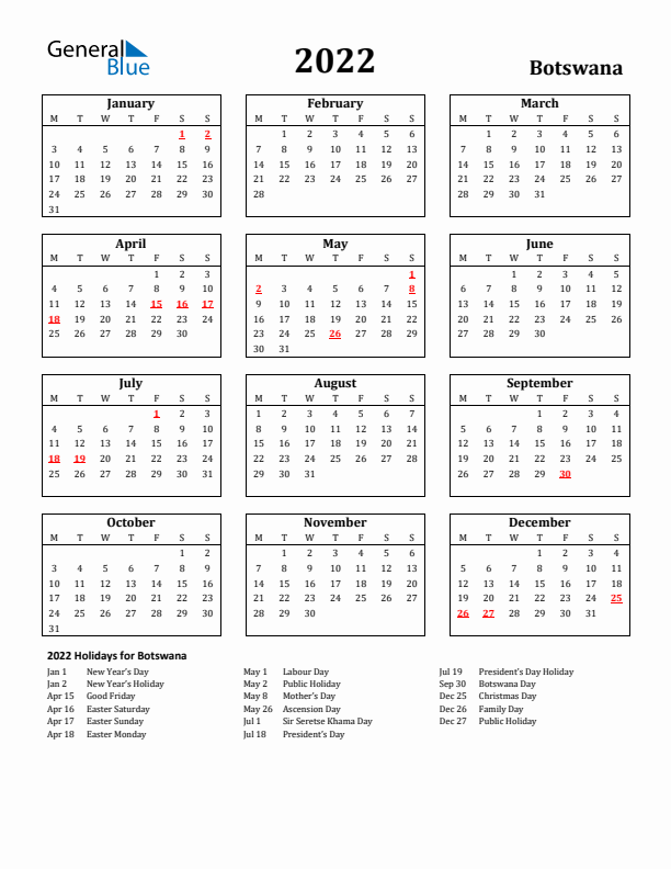 2022 Botswana Holiday Calendar - Monday Start