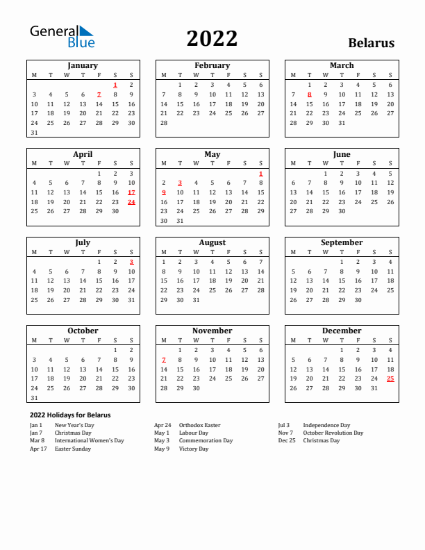2022 Belarus Holiday Calendar - Monday Start