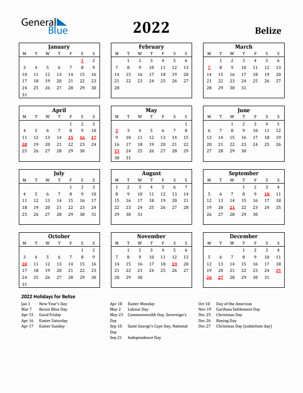 2022 Belize Holiday Calendar - Monday Start