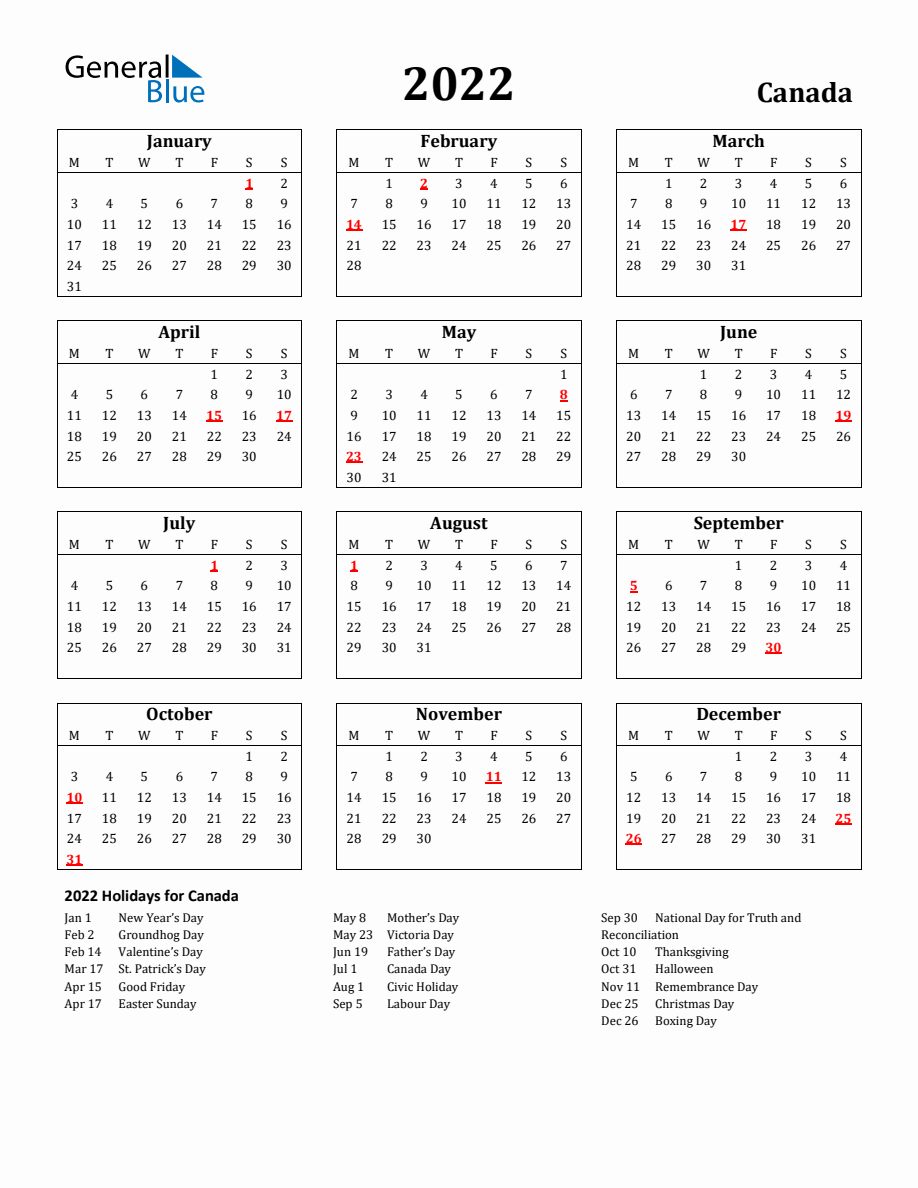 Free Printable 2022 Canada Holiday Calendar