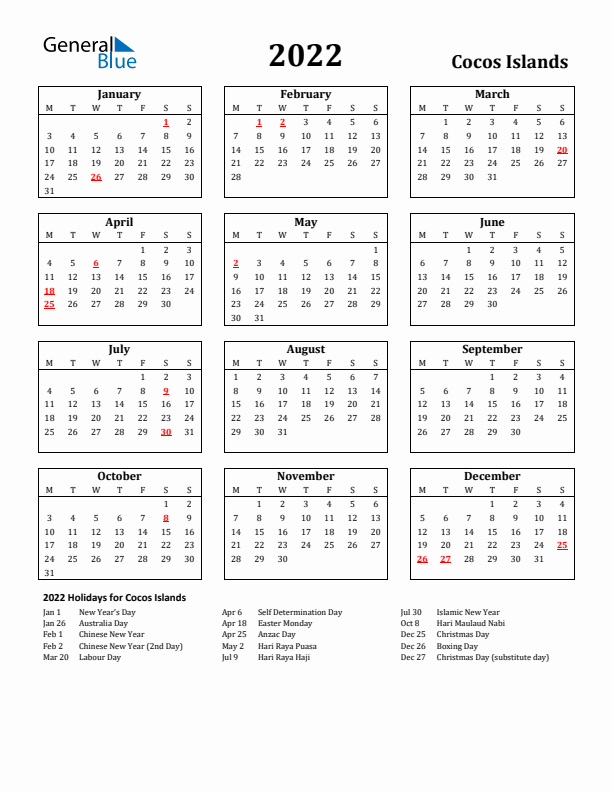 2022 Cocos Islands Holiday Calendar - Monday Start