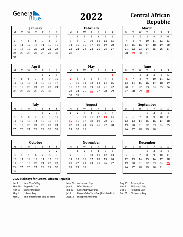 2022 Central African Republic Holiday Calendar - Monday Start