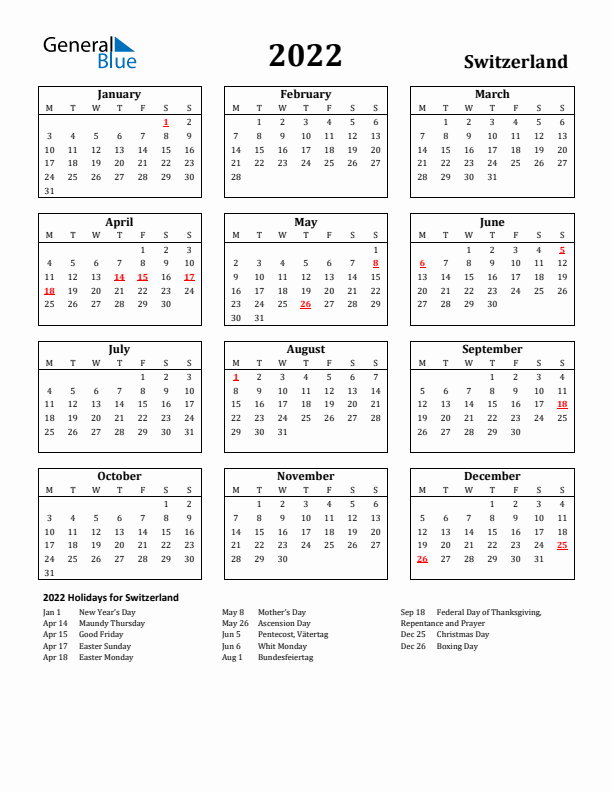 2022 Switzerland Holiday Calendar - Monday Start
