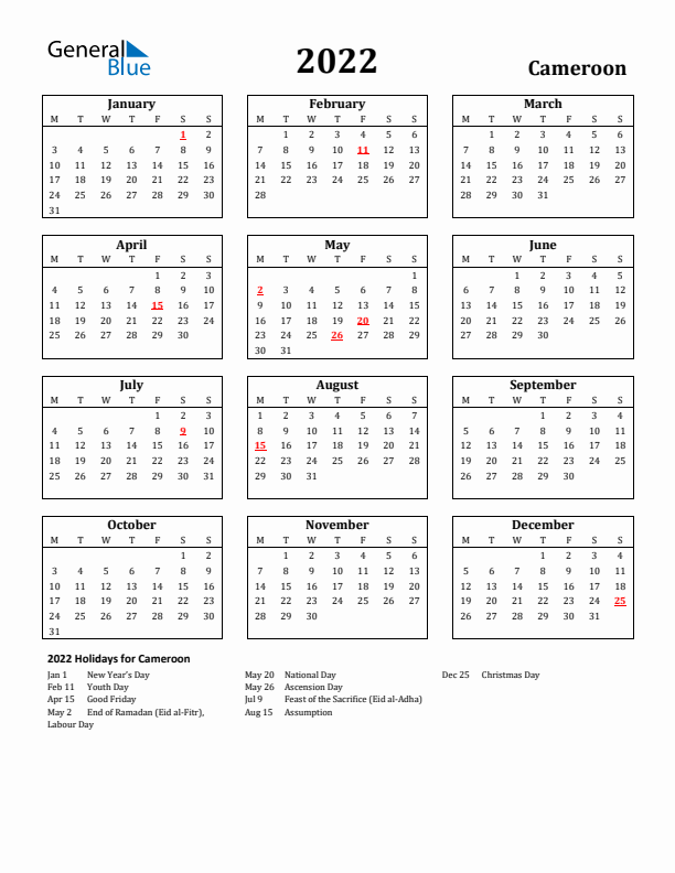 2022 Cameroon Holiday Calendar - Monday Start