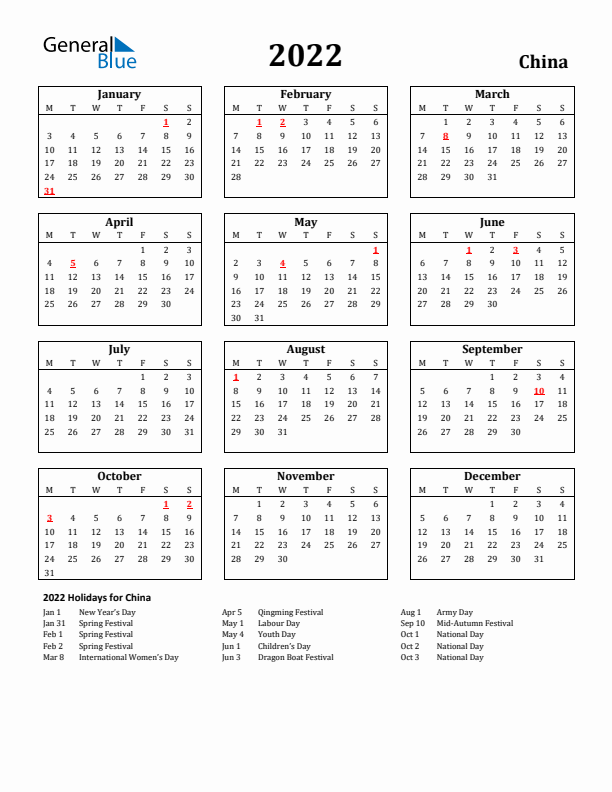 2022 China Holiday Calendar - Monday Start