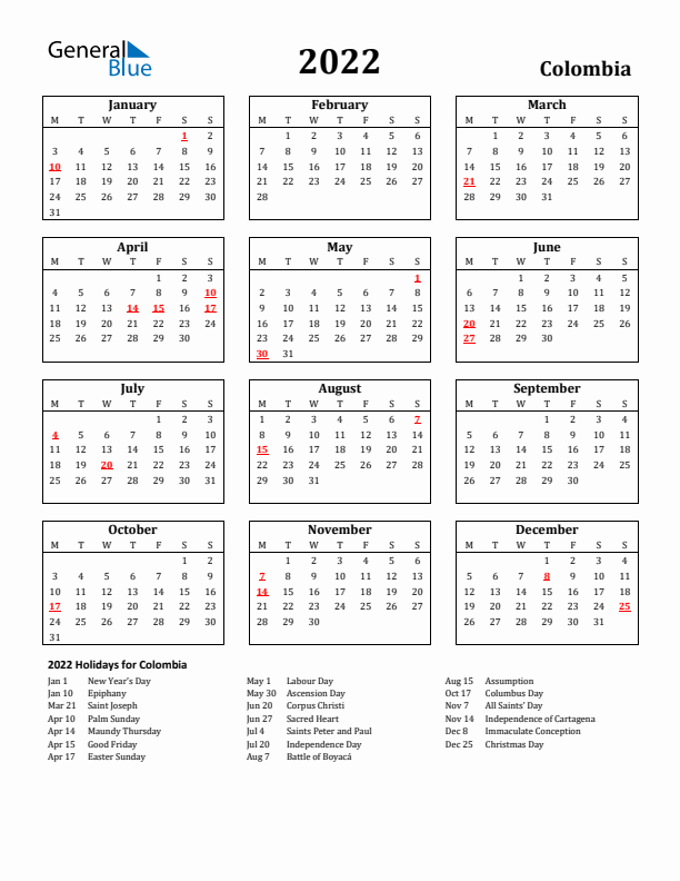 2022 Colombia Holiday Calendar - Monday Start