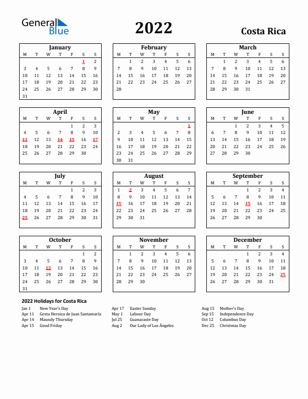 2022 Costa Rica Holiday Calendar - Monday Start