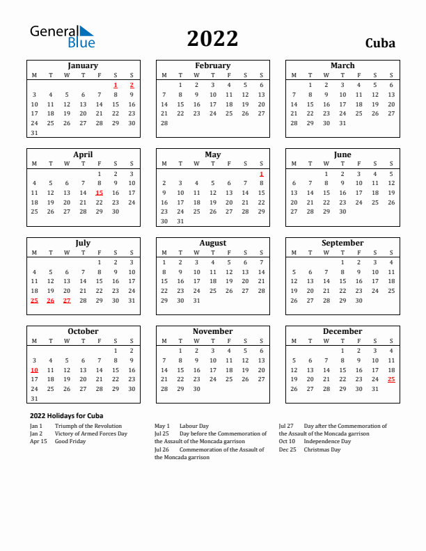 2022 Cuba Holiday Calendar - Monday Start