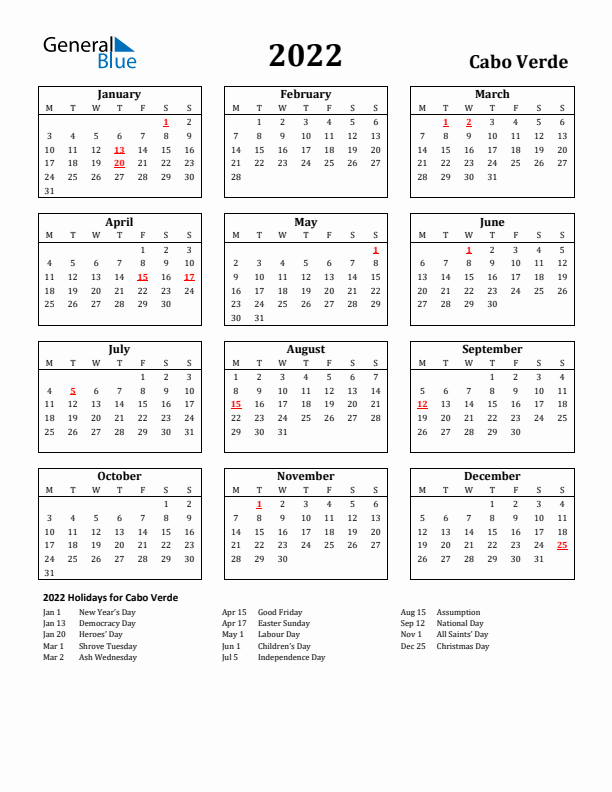 2022 Cabo Verde Holiday Calendar - Monday Start