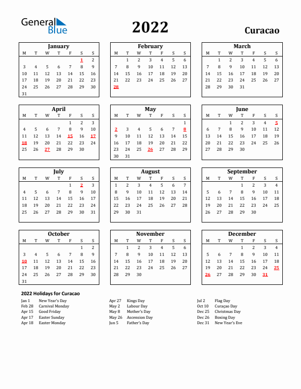 2022 Curacao Holiday Calendar - Monday Start