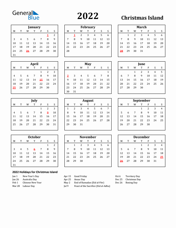 2022 Christmas Island Holiday Calendar - Monday Start