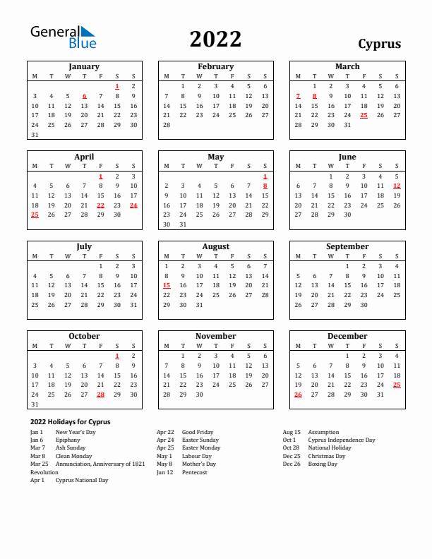 2022 Cyprus Holiday Calendar - Monday Start
