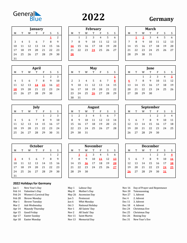 2022 Germany Holiday Calendar - Monday Start