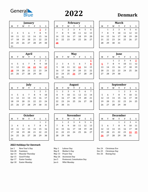 2022 Denmark Holiday Calendar - Monday Start