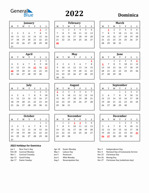 2022 Dominica Holiday Calendar - Monday Start