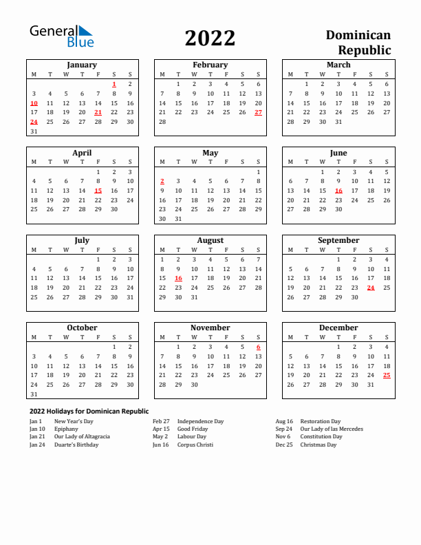2022 Dominican Republic Holiday Calendar - Monday Start