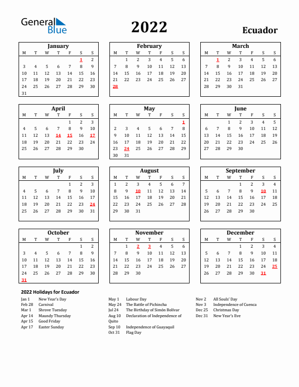2022 Ecuador Holiday Calendar - Monday Start