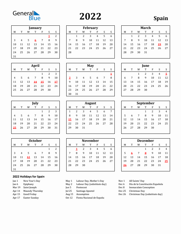 2022 Spain Holiday Calendar - Monday Start