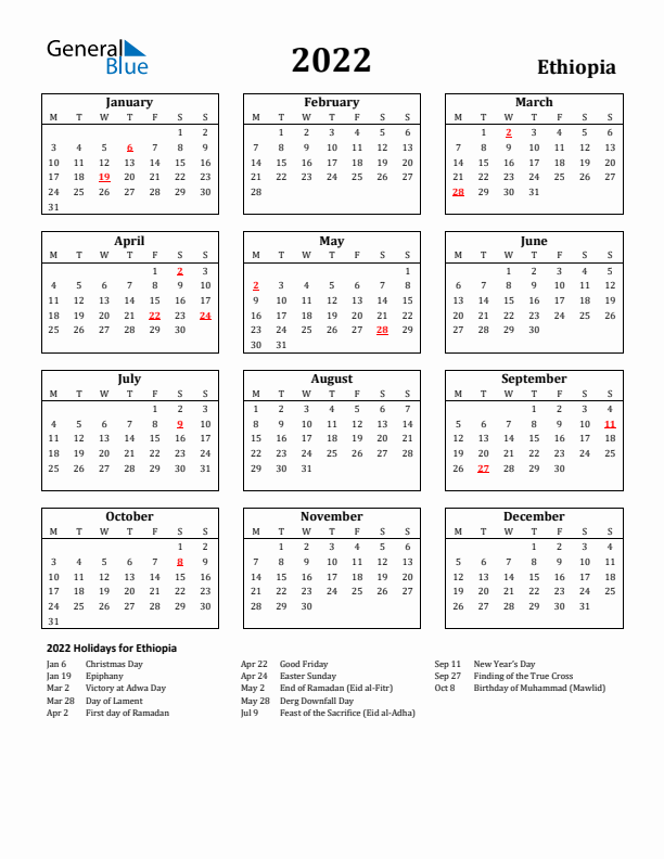 2022 Ethiopia Holiday Calendar - Monday Start