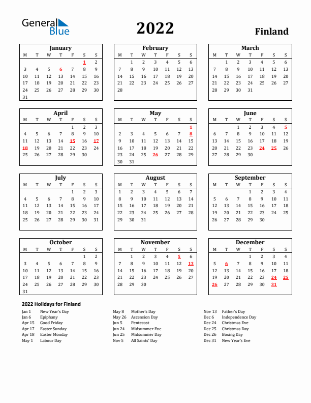 2022 Finland Holiday Calendar - Monday Start