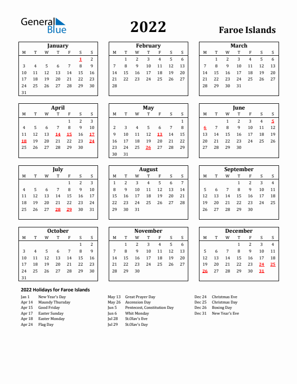 2022 Faroe Islands Holiday Calendar - Monday Start