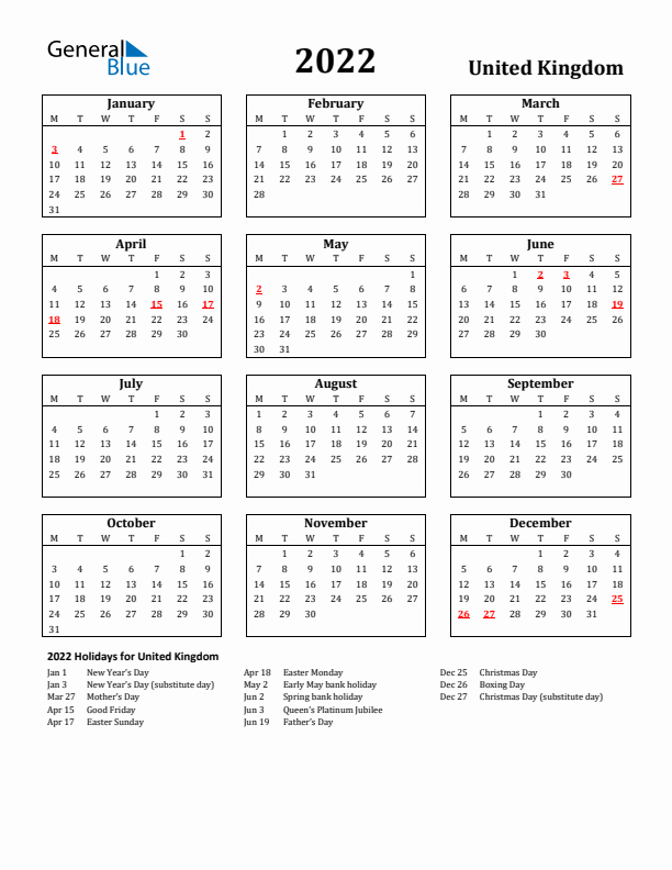 2022 United Kingdom Holiday Calendar - Monday Start