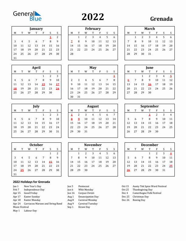 2022 Grenada Holiday Calendar - Monday Start