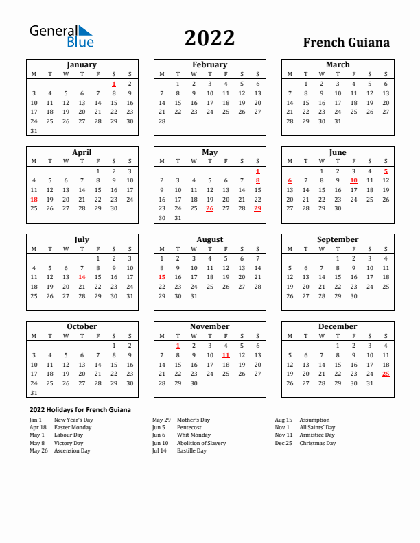 2022 French Guiana Holiday Calendar - Monday Start