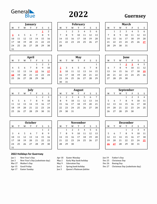 2022 Guernsey Holiday Calendar - Monday Start