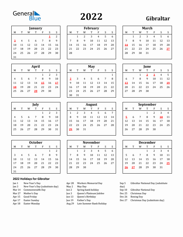 2022 Gibraltar Holiday Calendar - Monday Start