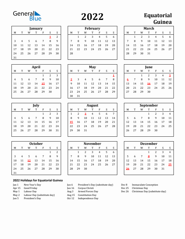 2022 Equatorial Guinea Holiday Calendar - Monday Start