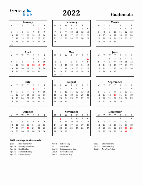 2022 Guatemala Holiday Calendar - Monday Start