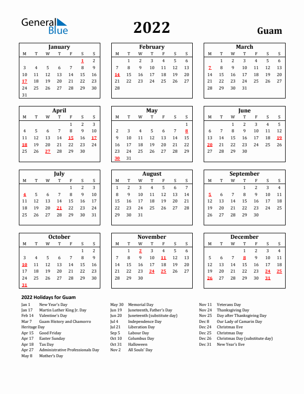 2022 Guam Holiday Calendar - Monday Start