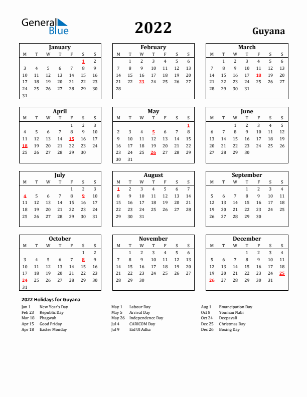 2022 Guyana Holiday Calendar - Monday Start