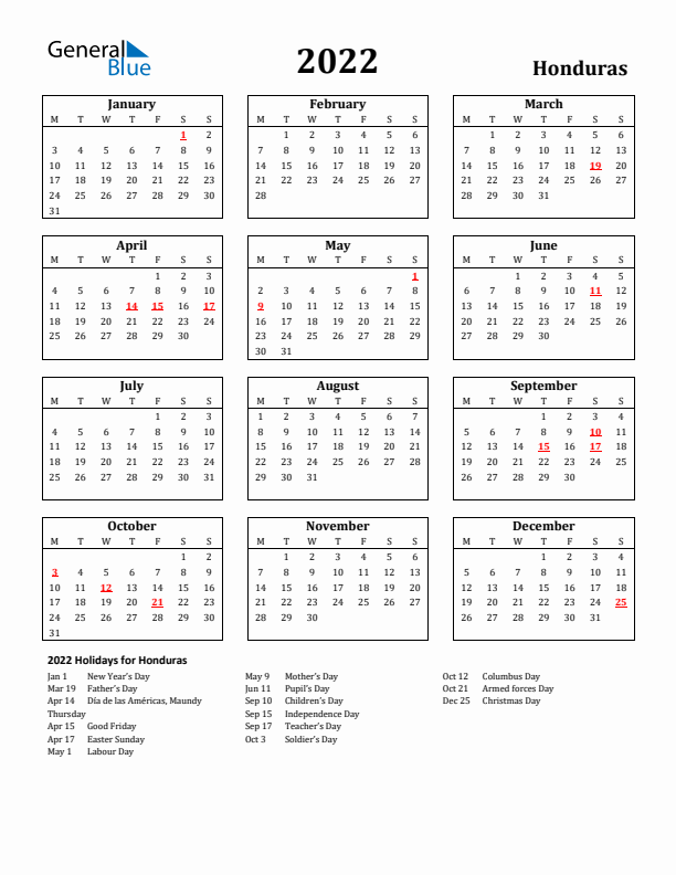 2022 Honduras Holiday Calendar - Monday Start