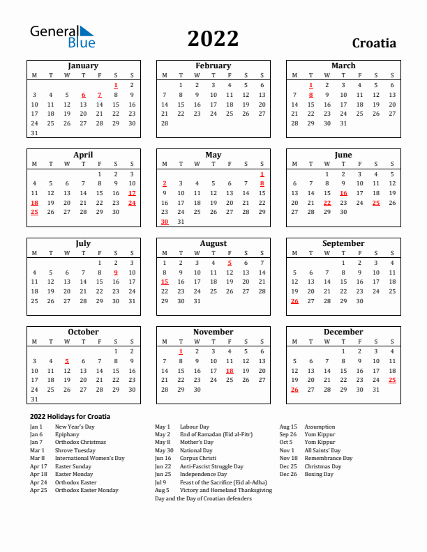 2022 Croatia Holiday Calendar - Monday Start