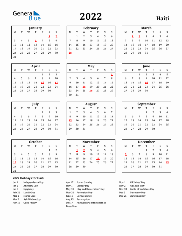 2022 Haiti Holiday Calendar - Monday Start