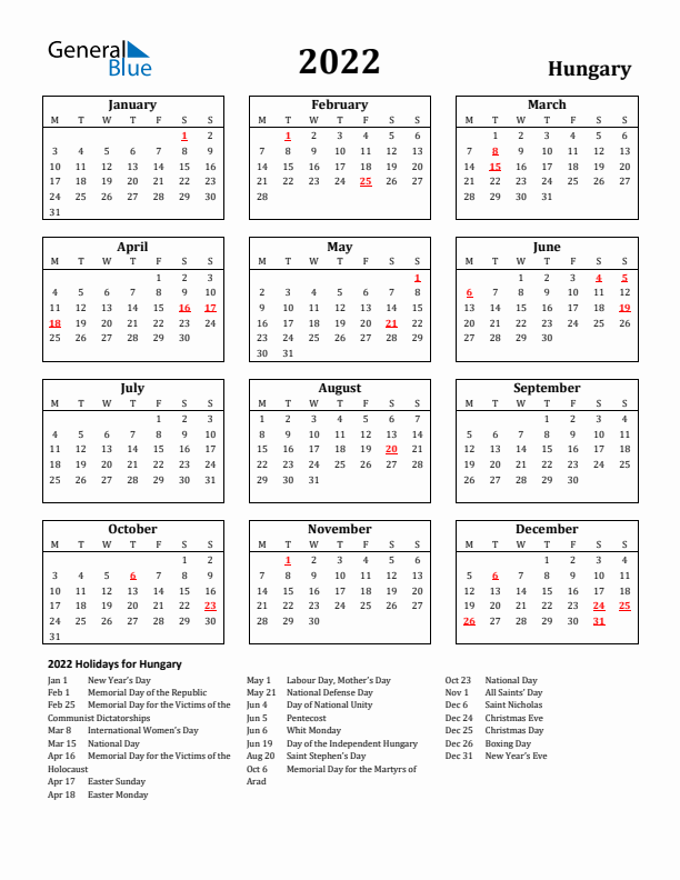 2022 Hungary Holiday Calendar - Monday Start