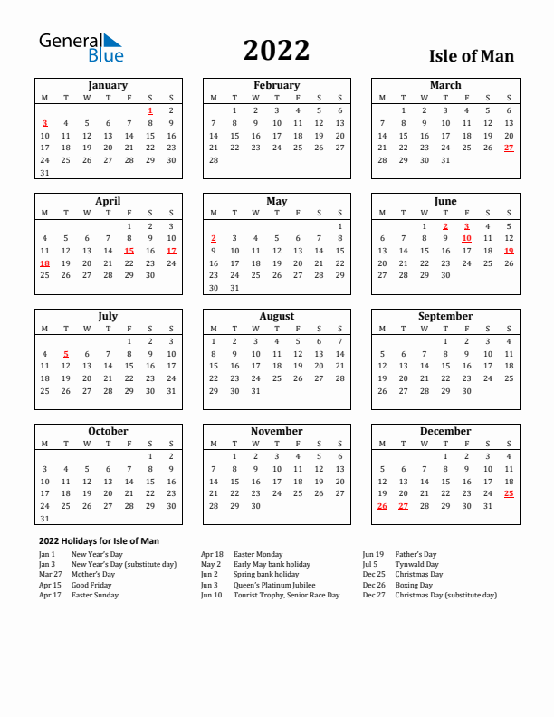 2022 Isle of Man Holiday Calendar - Monday Start