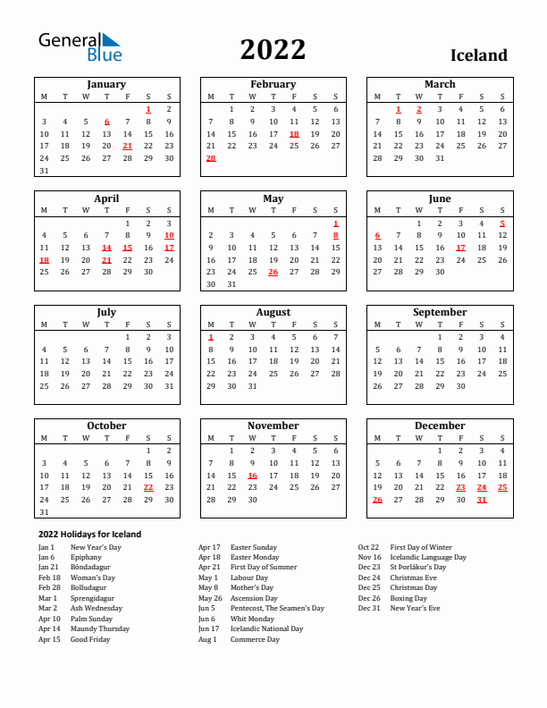 2022 Iceland Holiday Calendar - Monday Start