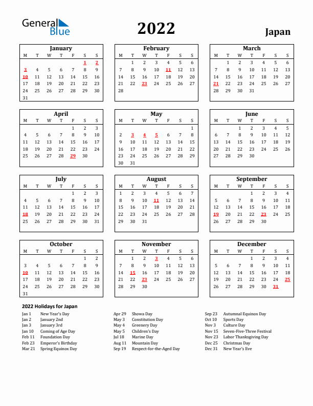 2022 Japan Holiday Calendar - Monday Start